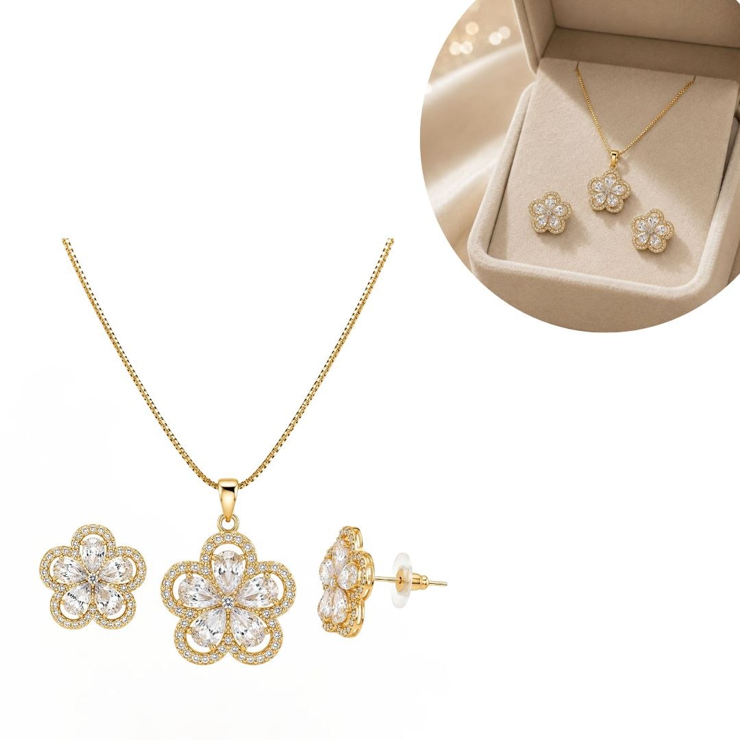 SET DE ENCHAPE PARA DAMA CADENA, DIJE Y TOPOS FLOR DE 5 PÉTALOS CON CIRCONES GOTA Y PAVÉ