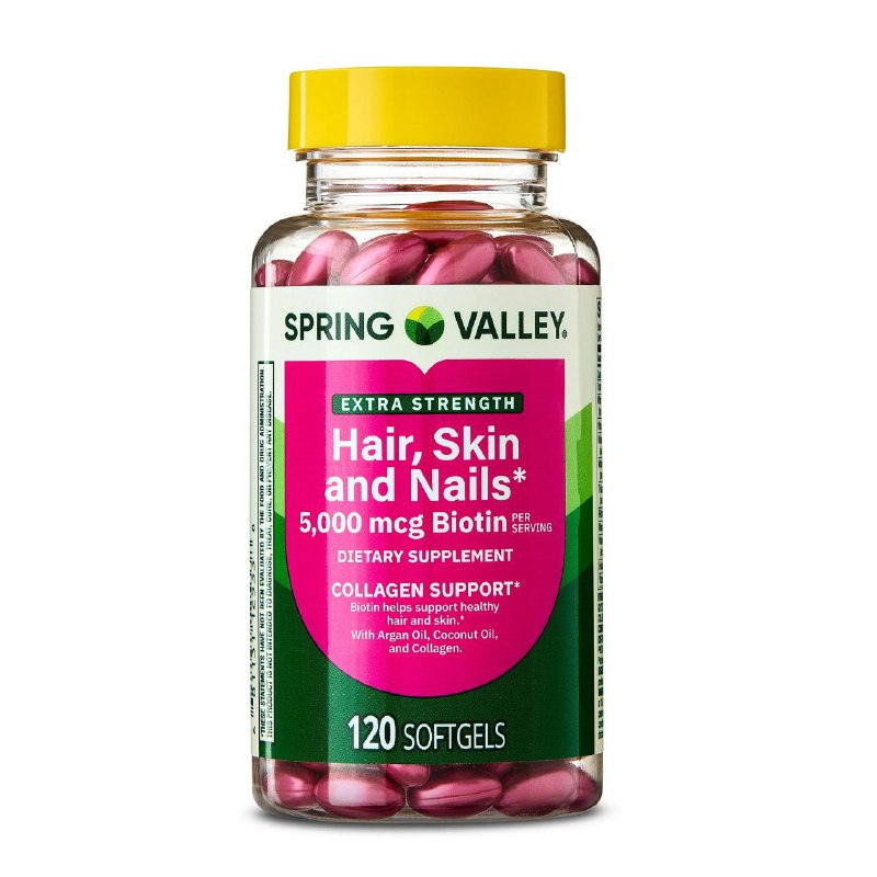 VITAMINAS EN CAPSULAS EXTRA FUERTE PARA EL CABELLO, PIEL Y UÑAS 5000MCG DE BIOTINA CON COLAGENO SPRING VALLEY 120UND