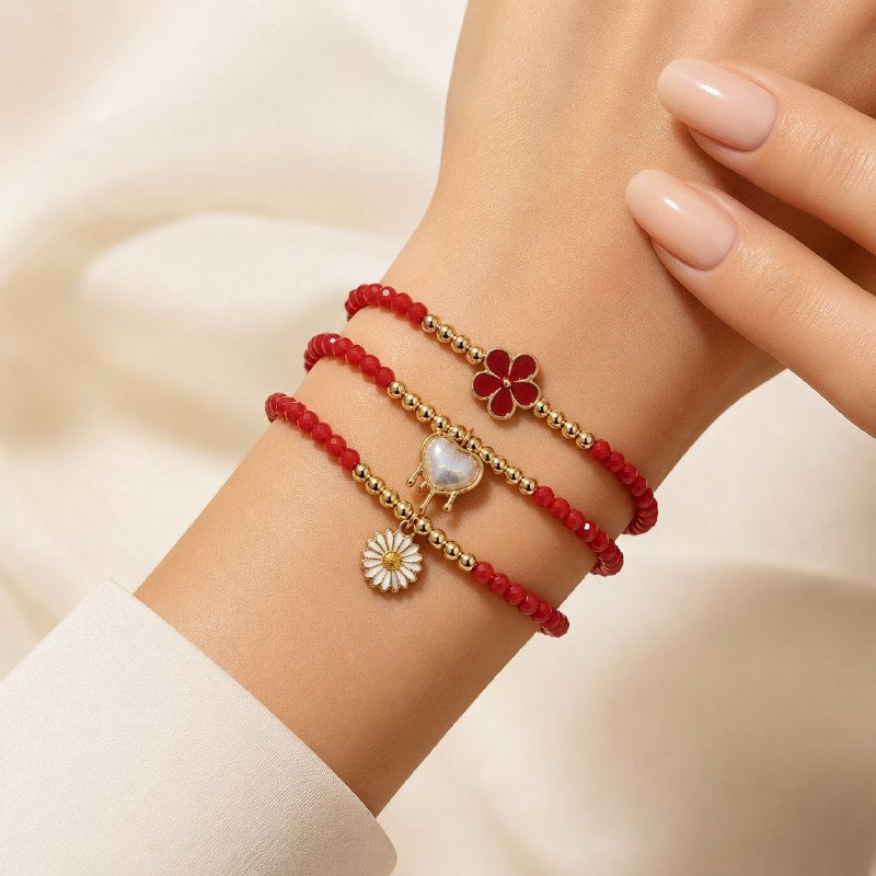 SET DE PULSERAS DE ENCHAPE ELASTICAS CON DISEÑO DE CORAZON Y FLORES