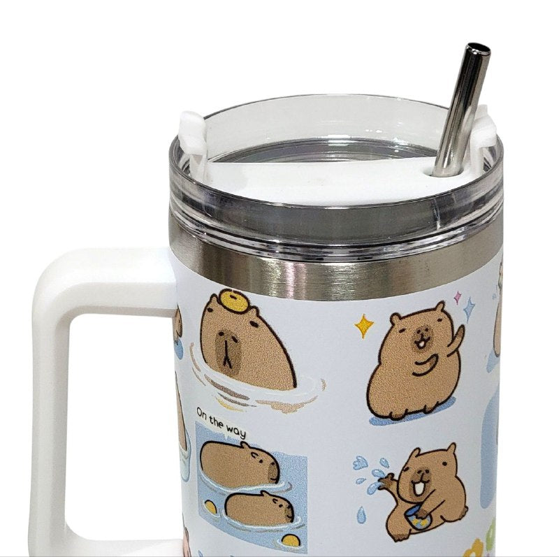 TERMO DE ACERO INOXIDABLE CON ASA DISEÑO DE CAPIBARA CON SORBETE 1200ML