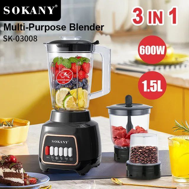 MAQUINA LICUADORA MULTIUSOS DE 4 VELOCIDADES, 600W FUERZA, CAPACIDAD 1500ML, ALTA JUGOSIDAD SK-03008 SOKANY