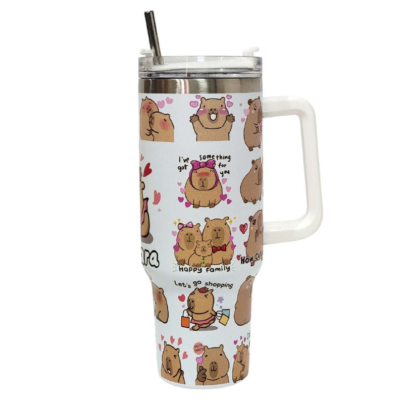 TERMO DE ACERO INOXIDABLE CON ASA DISEÑO DE CAPIBARA CON SORBETE 1200ML