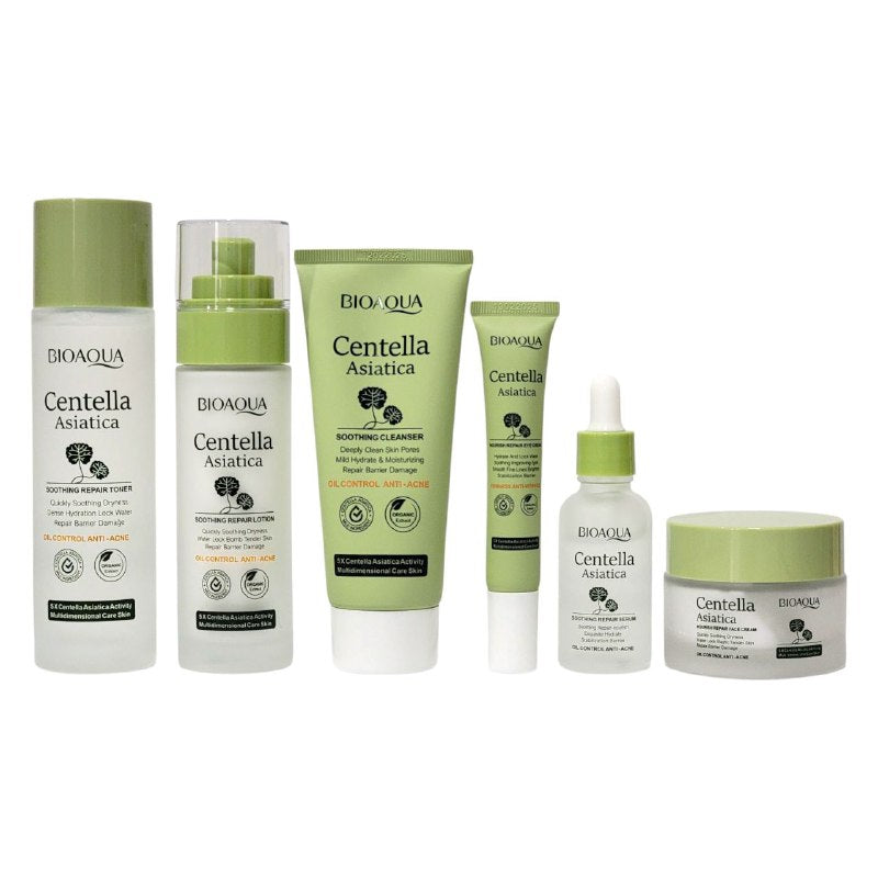 SET DE CUIDADO FACIAL DIARIO HIDRATANTE, CALMANTE Y ANTIACNE DE CENTELLA ASIATICA BIOAQUA 6PCS