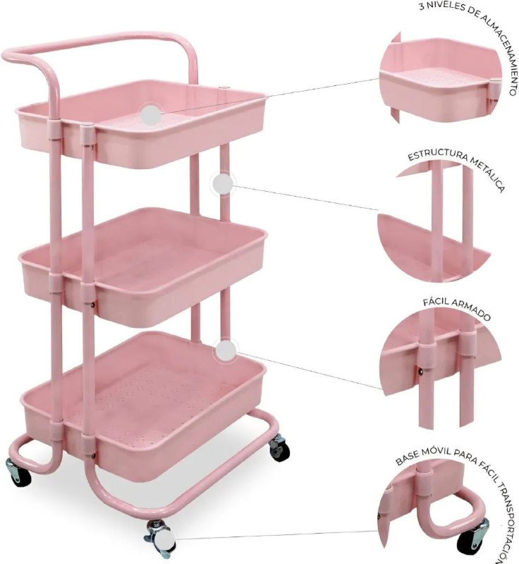 ESTANTE CARRITO DE ALMACENAMIENTO RODANTE DE 3 NIVELES PLASTICO COLOR ROSADO