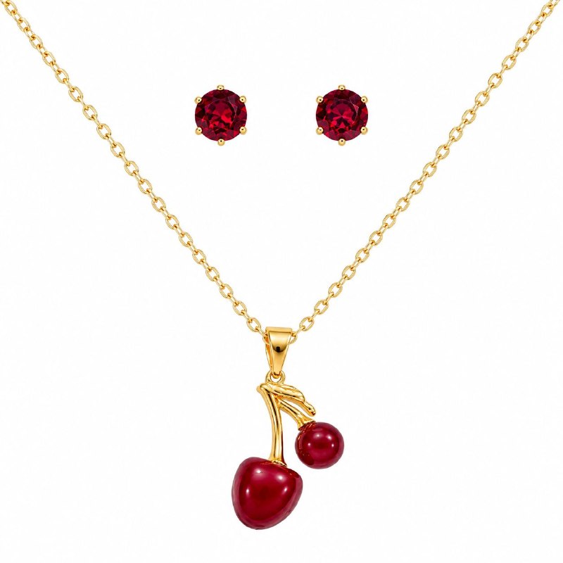 SET DE ENCHAPE PARA DAMA CON DISEÑO DE CEREZAS Y ARETES DE CIRCÓN ROJO