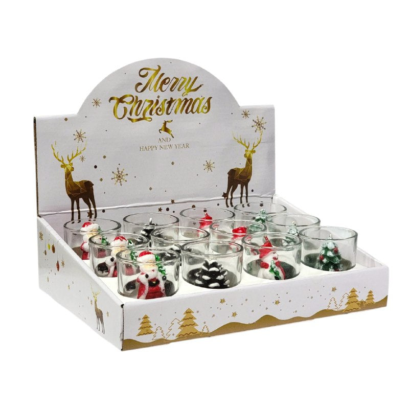 DECORACION ADORNO MINI CANDELAS NAVIDEÑAS EN VASITO DE VIDRIO 4X6CM, 4 ESTILOS