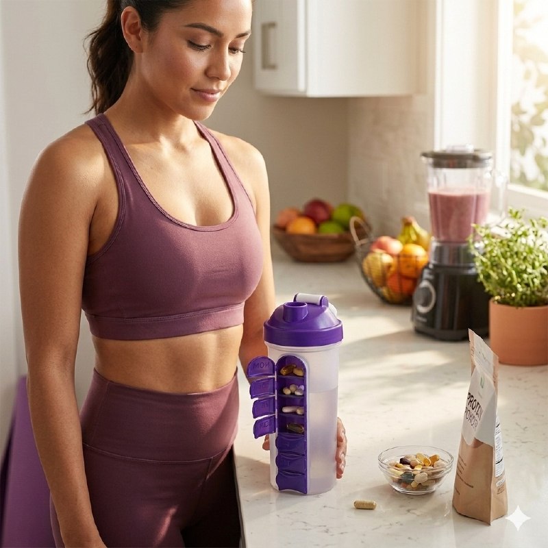 BOTELLA MEZCLADORA CON ORGANIZADOR DE VITAMINAS 2 EN 1 DE PLASTICO RESISTENTE 600ML