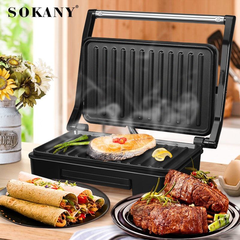 MAQUINA PARRILLA ELECTRICA, PLANCHA FACIL DE LIMPIAR, 850W FUERZA, LAMPARA LED, CALEFACCION DOBLE CARA SK-233, SOKANY