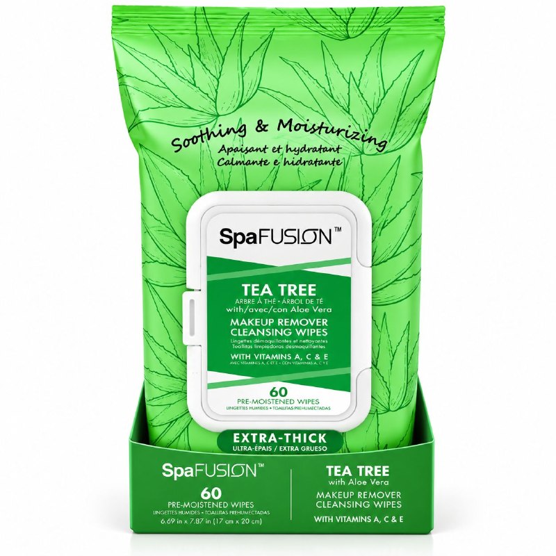 TOALLITAS HUMEDAS FACIALES DESMAQUILLANTES Y LIMPIADORAS DE ARBOL DE TE CON ALOE VERA SPA FUSION 60UND