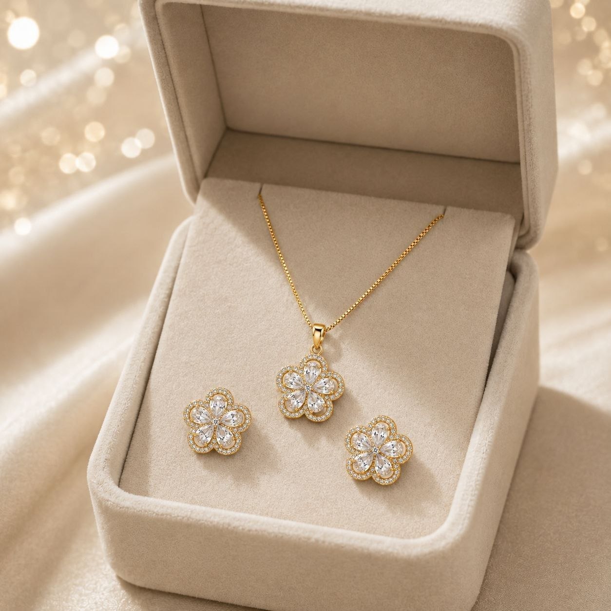 SET DE ENCHAPE PARA DAMA CADENA, DIJE Y TOPOS FLOR DE 5 PÉTALOS CON CIRCONES GOTA Y PAVÉ