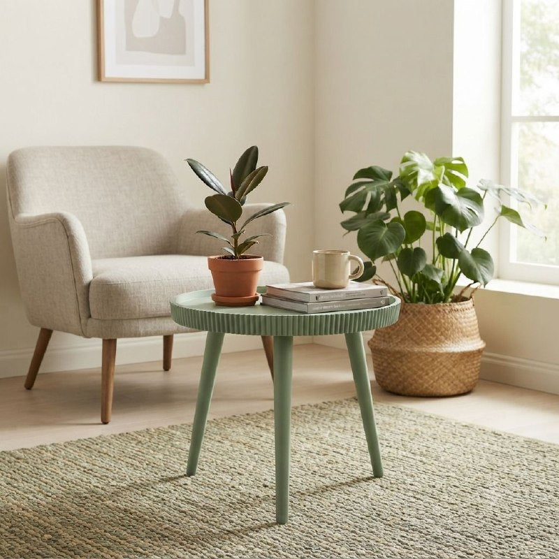 MESA LATERAL DE DISEÑO CONTEMPORÁNEO EN COLOR VERDE MENTA AUXILIAR REDONDA CON BANDEJA ACANALADA 48.3 x 50 CM