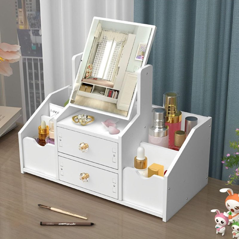 ORGANIZADOR ESTANTE DE COSMETICOS COLOR BLANCO CON ESPEJO DOBLE CAJON 35X16X28CM
