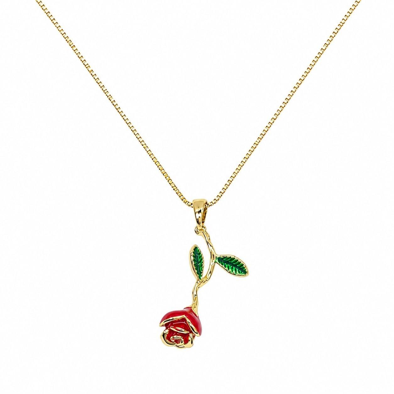 GARGANTILLA DE ENCHAPE PARA DAMA CON DIJE DE ROSA ROJA ESMALTADA
