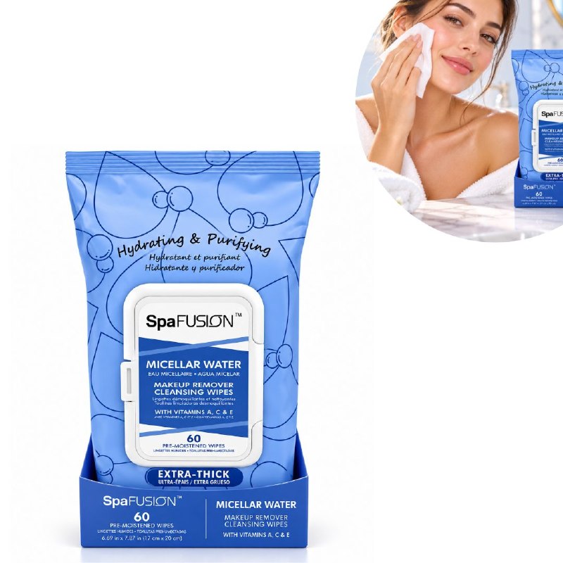 TOALLITAS HUMEDAS FACIALES DESMAQUILLANTES Y LIMPIADORAS CON AGUA MICELAR SPA FUSION 60UND