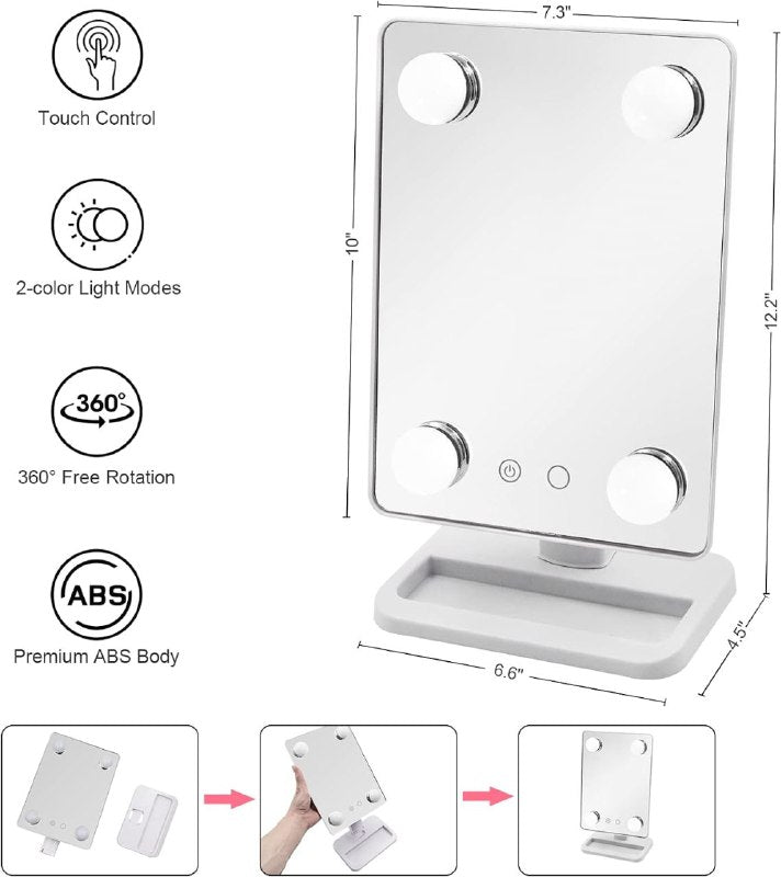 ESPEJO PARA MAQUILLAJE PORTATIL LED, ROTACION 360° COLOR BLANCO