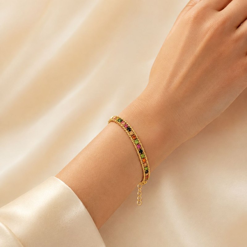 PULSERA DE ENCHAPE PARA DAMA CON DISEÑO DE CIRCONES MULTICOLOR 22.5CM