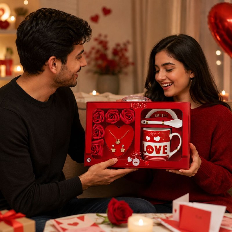 SET DE REGALO DE 9 PIEZAS LOVE (TAZA, PLATO, CUCHARA, SET DE JOYERÍA Y ROSAS) 1 UND