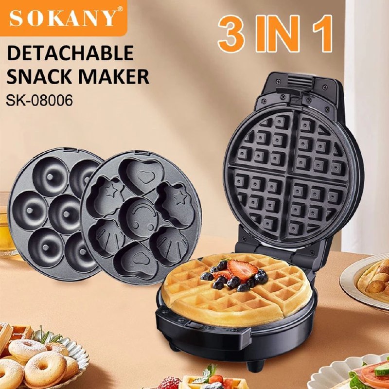 MAQUINA PARA HACER SNACKS CHUCHERIAS DESMONTABLE 3 EN 1, WAFFLES, MINI DONAS, CUPCAKES, FACIL DE LIMPIAR, ALTA POTENCIA, CALEFACCION DOBLE CARA SOKANY SK-08006