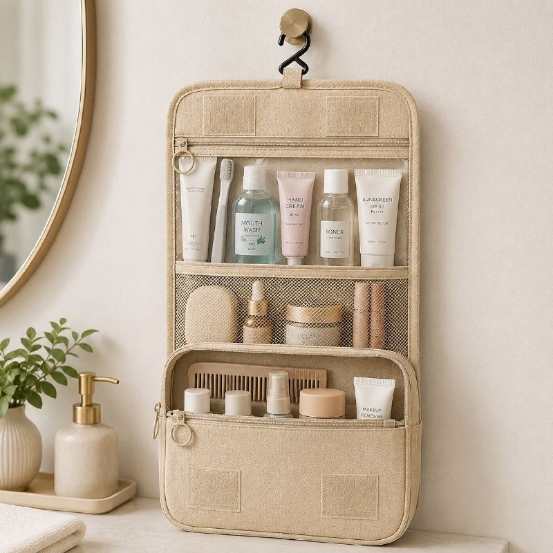 BOLSO ORGANIZADOR COLGANTE PARA VIAJE DE HIGIENE PERSONAL Y COSMETICOS 22.5X18.5X8.5CM