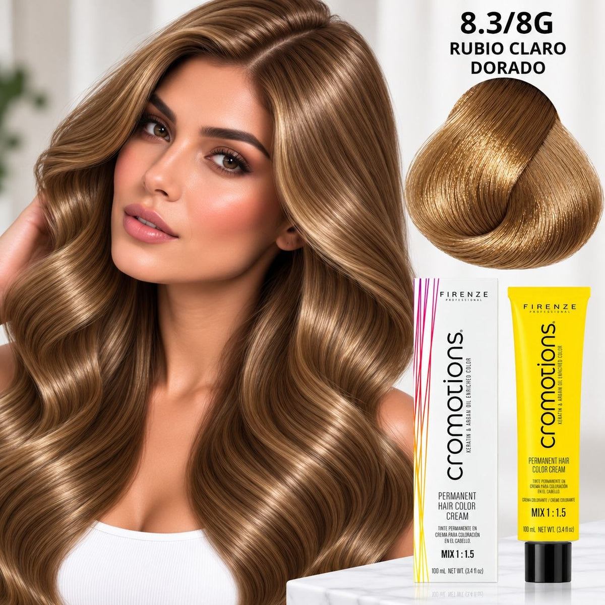 TINTE PERMANENTE EN CREMA CROMOTIONS 8.3/8G RUBIO CLARO DORADO FIRENZE PROFESSIONAL 100ML