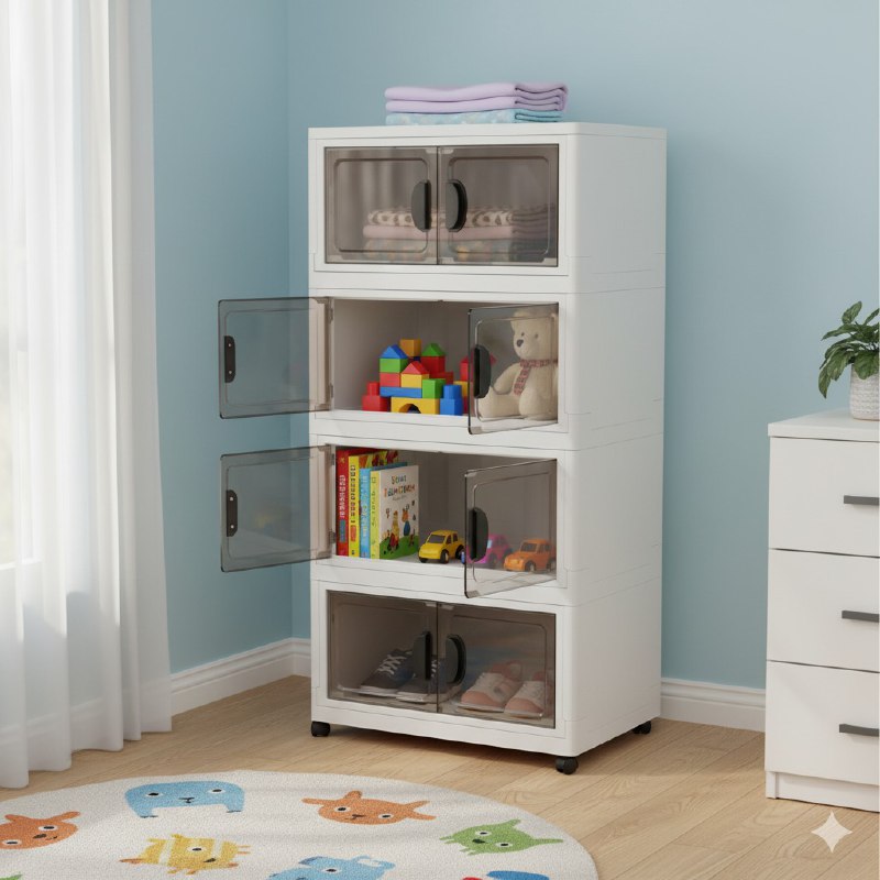 ORGANIZADOR DE ALMACENAMIENTO DE PUERTAS DOBLES CON RUEDAS DE 4 NIVELES 48.5X48X35CM