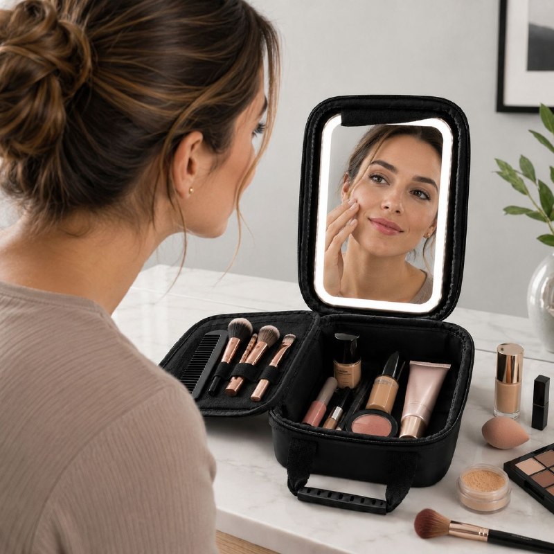 ORGANIZADOR ESTUCHE DE MAQUILLAJE PORTATIL CON ESPEJO LED 22X14CM