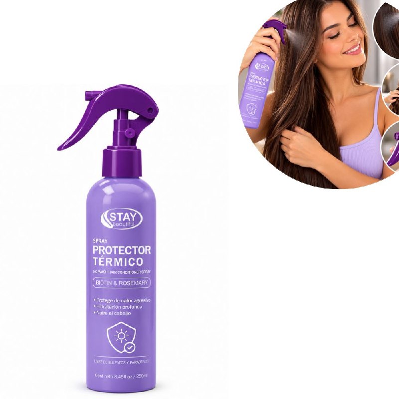 SPRAY PROTECTOR TERMICO PARA EL CABELLO SIN ENJUAGUE DE BIOTINA Y ROMERO STAY BEAUTIFUL 250ML