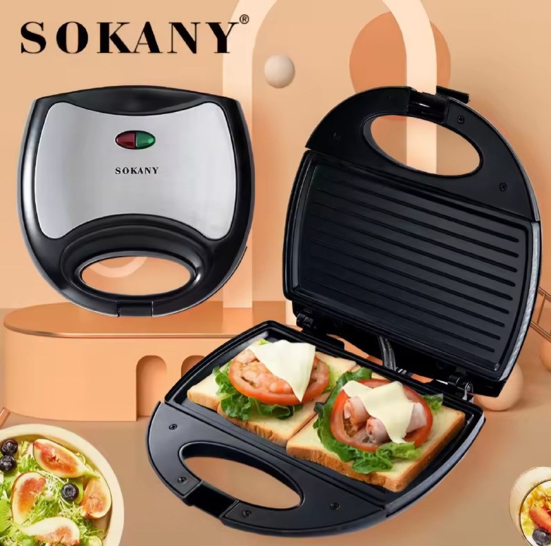 MAQUINA SANDWICHERA KJ-102 RECUBRIMIENTO ANTIADHERENTE, PLASTICO RESISTENTE AL CALOR, INDICADOR DE ENCENDIDO, 750W FUERZA SOKANY