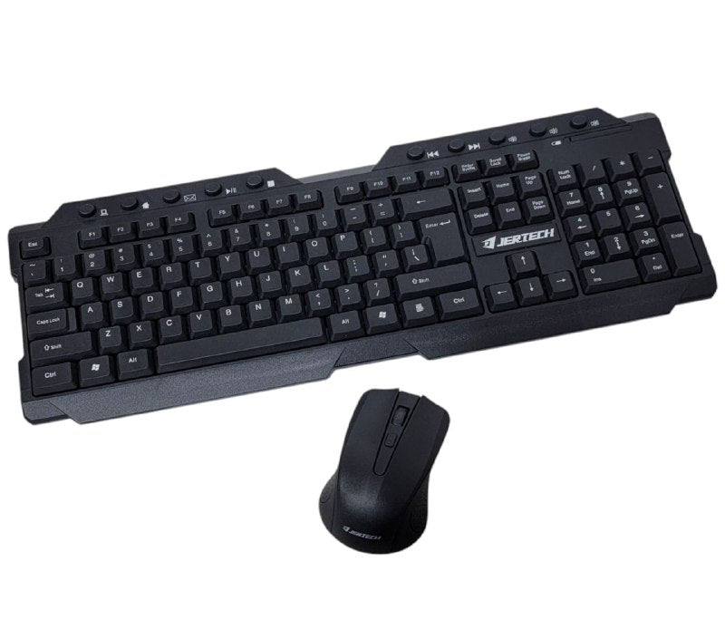 TECLADO INALAMBRICO EN COMBO DE OFICINA, TAMAÑO COMPLETO CON DISEÑO DE 104 TECLAS, MOUSE RATON DE 4 BOTONES JERTECH KM200