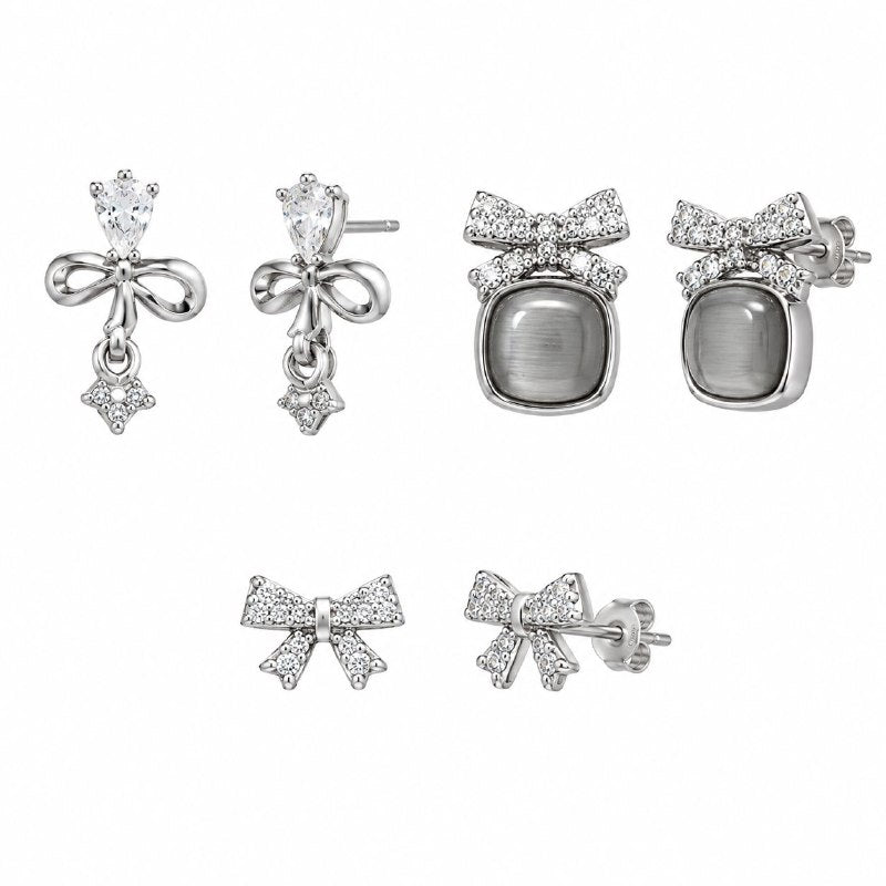 SET DE 3 PARES DE ARITOS DE ENCHAPE PARA DAMA MOÑOS CON PIEDRA OJO DE GATO Y CIRCONES