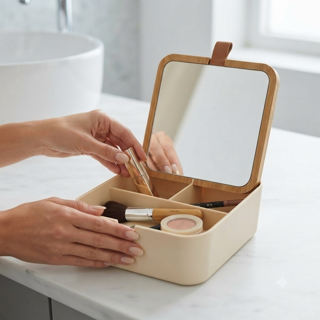 MINI ORGANIZADOR CON ESPEJO COMPACTO PARA RETOQUES RÁPIDOS DE MAQUILLAJE 15x15CM
