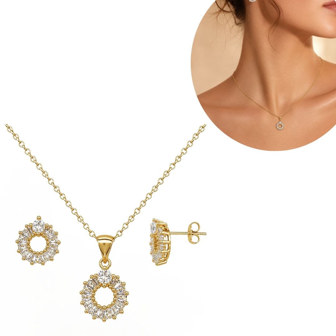 SET DE ENCHAPE PARA DAMA CADENA, DIJE Y TOPOS CORONA CIRCULAR CON CIRCONES BAGUETTE