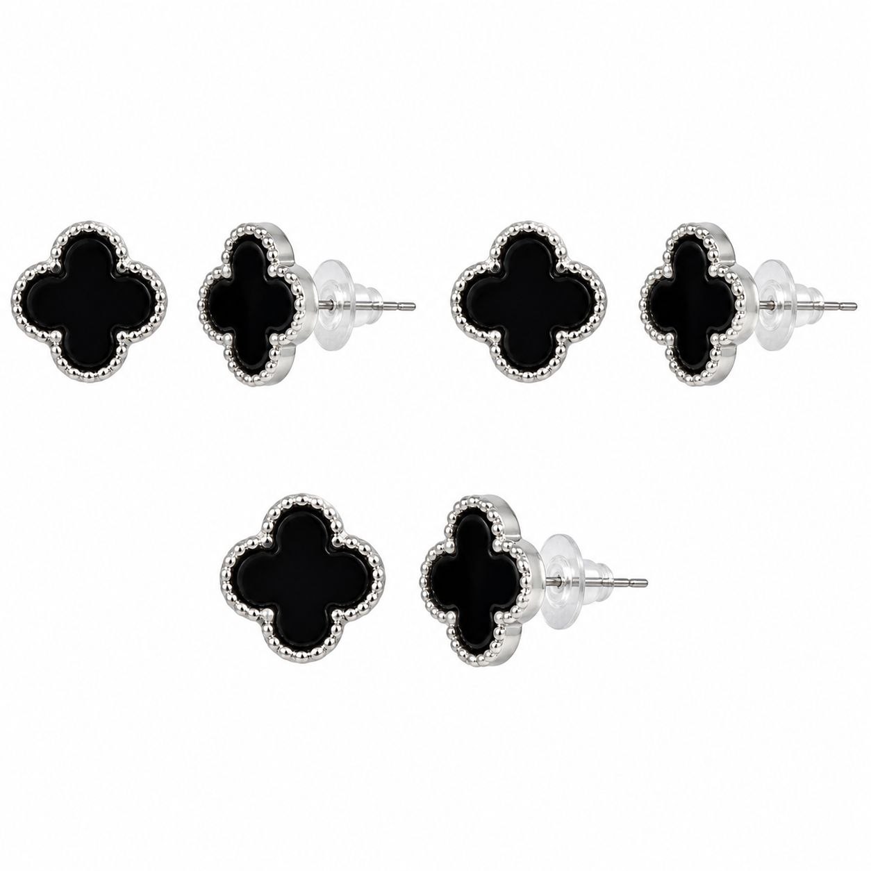 SET DE 3 PARES DE ARITOS DE ENCHAPE PARA DAMA TRÉBOLES DE CUATRO HOJAS ESMALTADOS NEGROS CON BORDE PUNTEADO