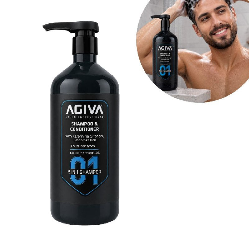 SHAMPOO Y ACONDICIONADOR 2 EN 1 CON QUERATINA PARA EL FORTALECIMIENTO Y SUAVIDAD AGIVA 1L