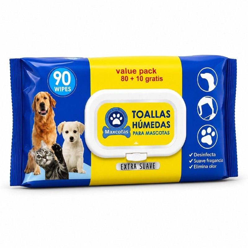 TOALLAS HUMEDAS DESINFECTANTES PARA MASCOTAS EXTRA SUAVES MAXCOTAS 90UND