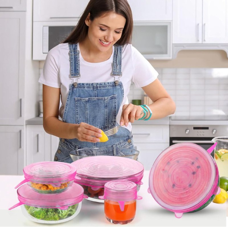 TAPADERAS DE SILICONA EN SET DE 6 PIEZAS REUTILIZABLES, SE ADAPTAN A CUALQUIER RECIPIENTE Y LO SELLAN PERFECTAMENTE 4 COLORES
