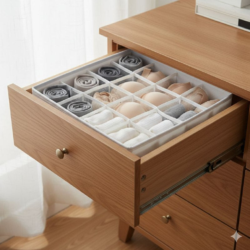 ORGANIZADOR CAJA DE ALMACENAMIENTO DE 16 COMPARTIMIENTOS FIJOS, PERFECTO PARA FAJAS, CALCETINES, BUFANDAS,ETC 32X32X10CM FUHUA