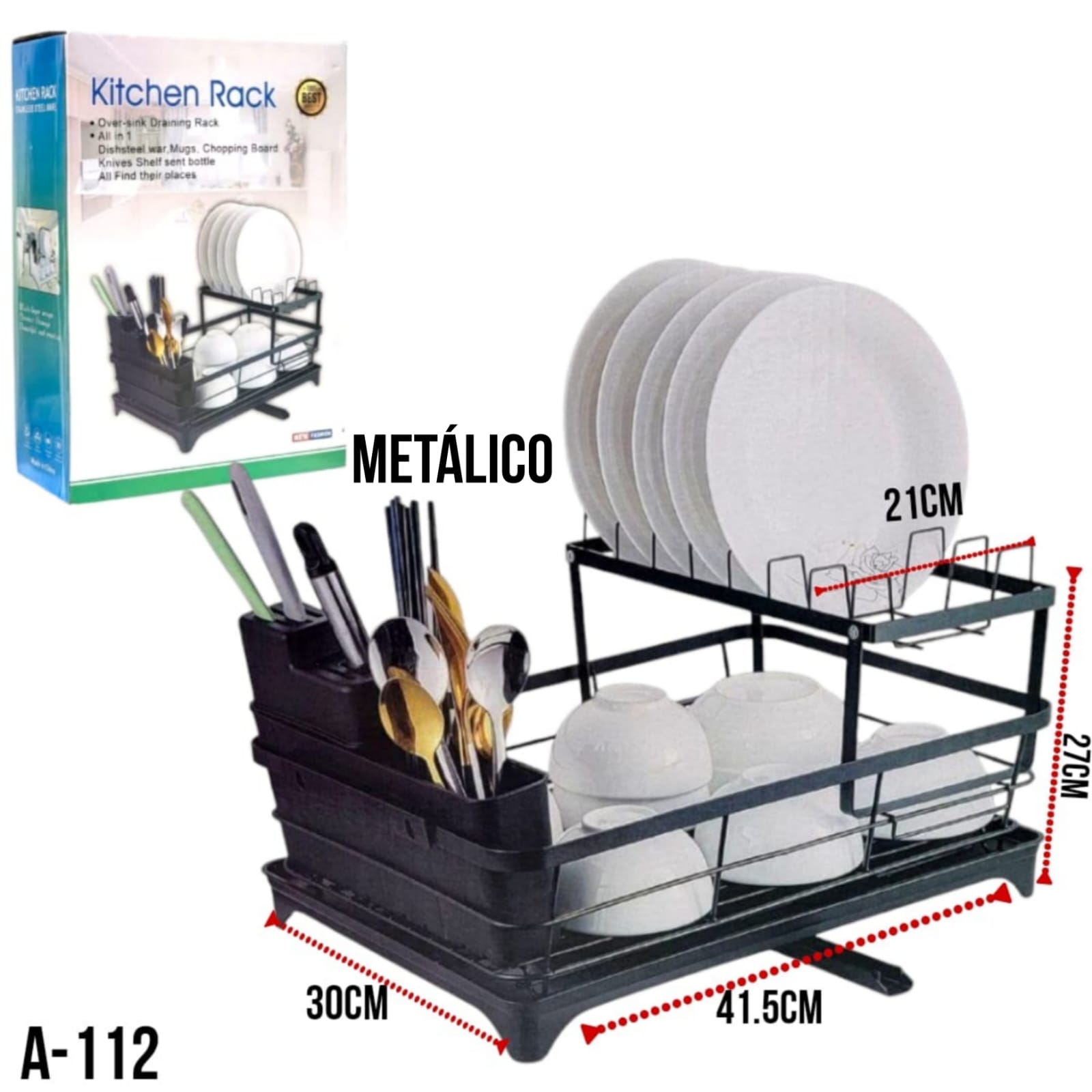 ESTANTE ORGANIZADOR Y ESCURRIDOR DE PLATOS MULTIFUNCIONAL CON TUBO DE DRENAJE 41.5X30X27CM