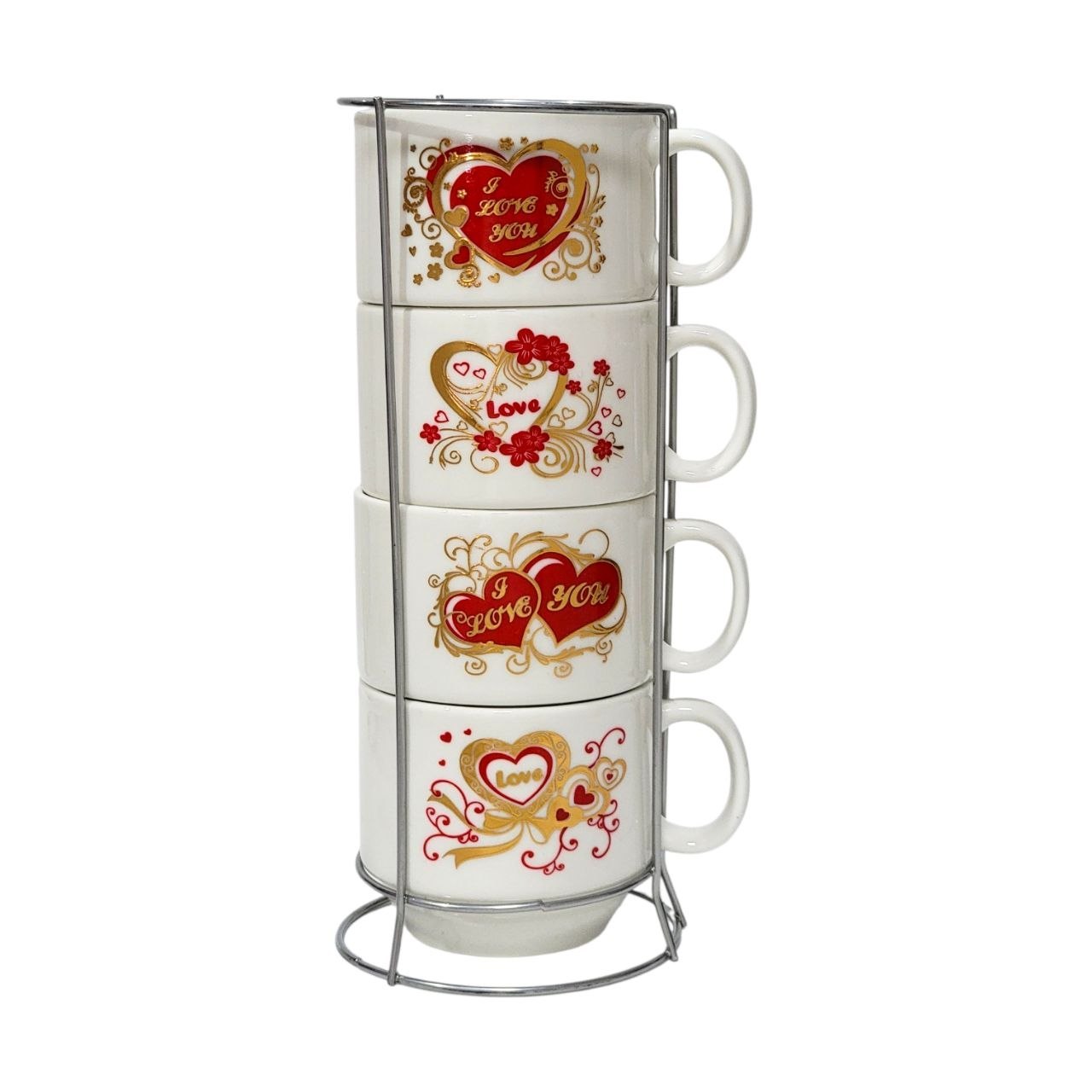 SET DE TAZAS CON DISEÑO DE AMOR CON BASE DE ACERO INOXIDABLE 4PCS 7X7CM