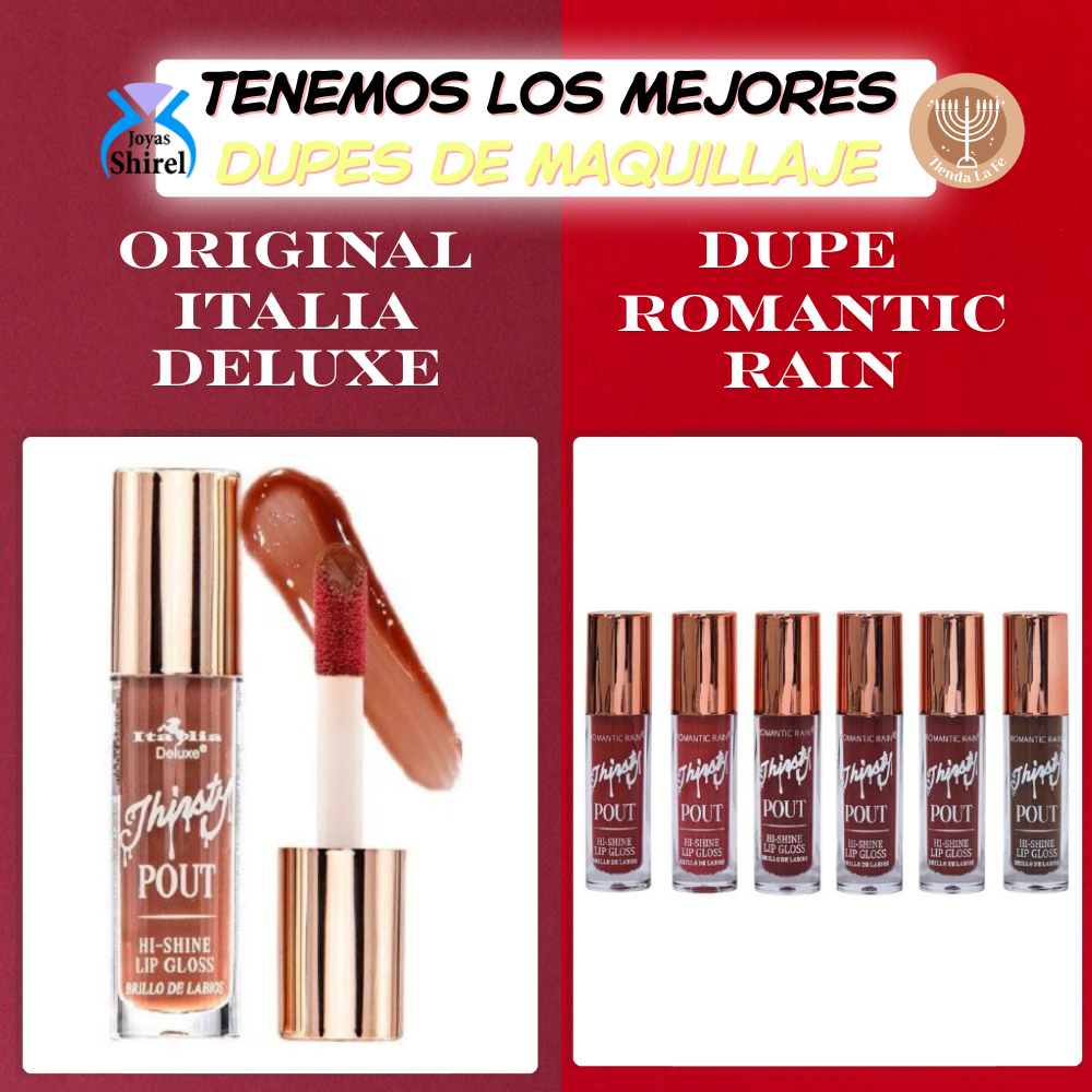 BRILLO LABIAL HIDRATACION TODO EL DIA CON CAPA TRANSLUCIDA Y RESISTENTE AL AGUA DE HASTA 24H LABIOS NATURALES Y RADIANTES ROMANTIC RAIN (DUPE DE ITALIA DELUXE)