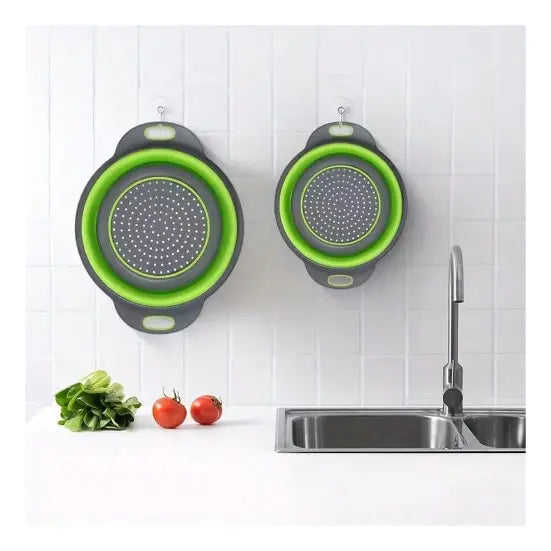 CANASTA COLADOR PLEGABLE DE SILICONA CON MANGO PARA FRUTAS Y VERDURAS 19.5CMX24/23.5X29.5CM