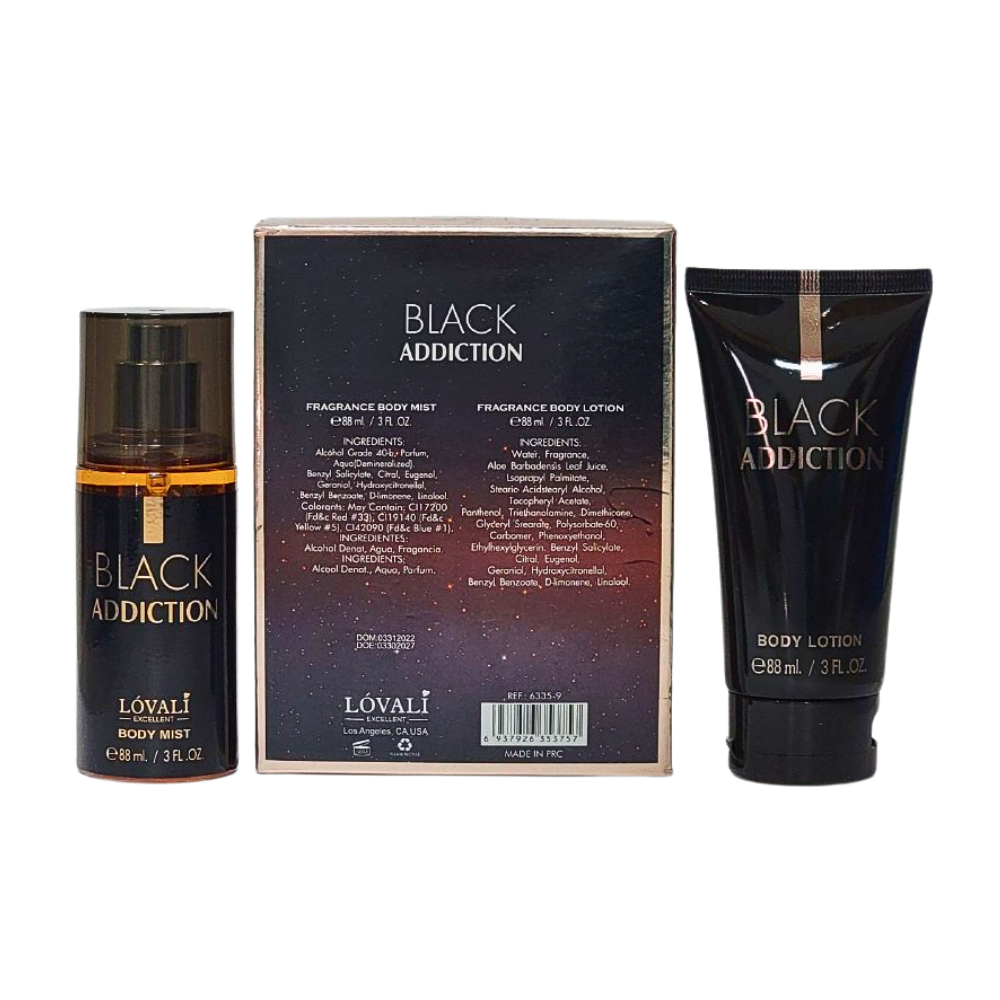 SET DE SPLASH PARA DAMA LOVALI BLACK ADDICTION SPLASH 88ML, BODY LOTION 88ML (M)