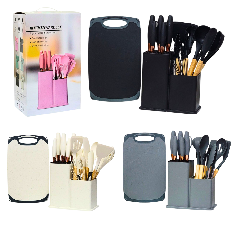 JUEGO DE CUCHILLOS DE COCINA, UTENSILIOS DE COCINA, CUCHARAS DE 18 PIEZAS, DE SILICONA CON SOPORTE DE PLASTICO, AGARRE COMODO, LIGUERO Y PRACTICO, AFILADO Y DURADERO 3 COLORES KITCHENWARE