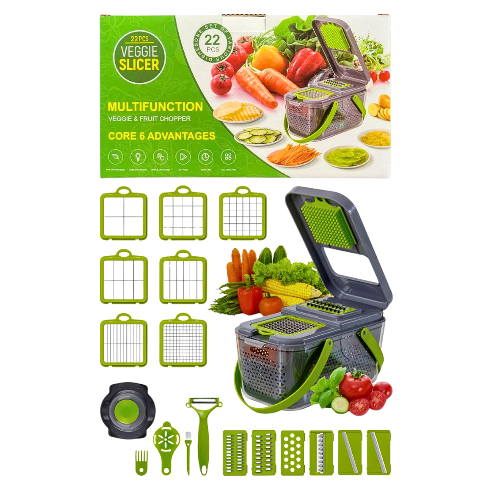 MAQUINA CHISMOLERA, 22 PIEZAS GRANDE CORTADORA DE VERDURAS MULTIFUNCIONAL 22 EN 1 CON CESTA DE DRENAJE, 16 CUCHILLAS DE ACERO INOXIDABLE, FACIL LIMPIEZA VEGGIE SLICER