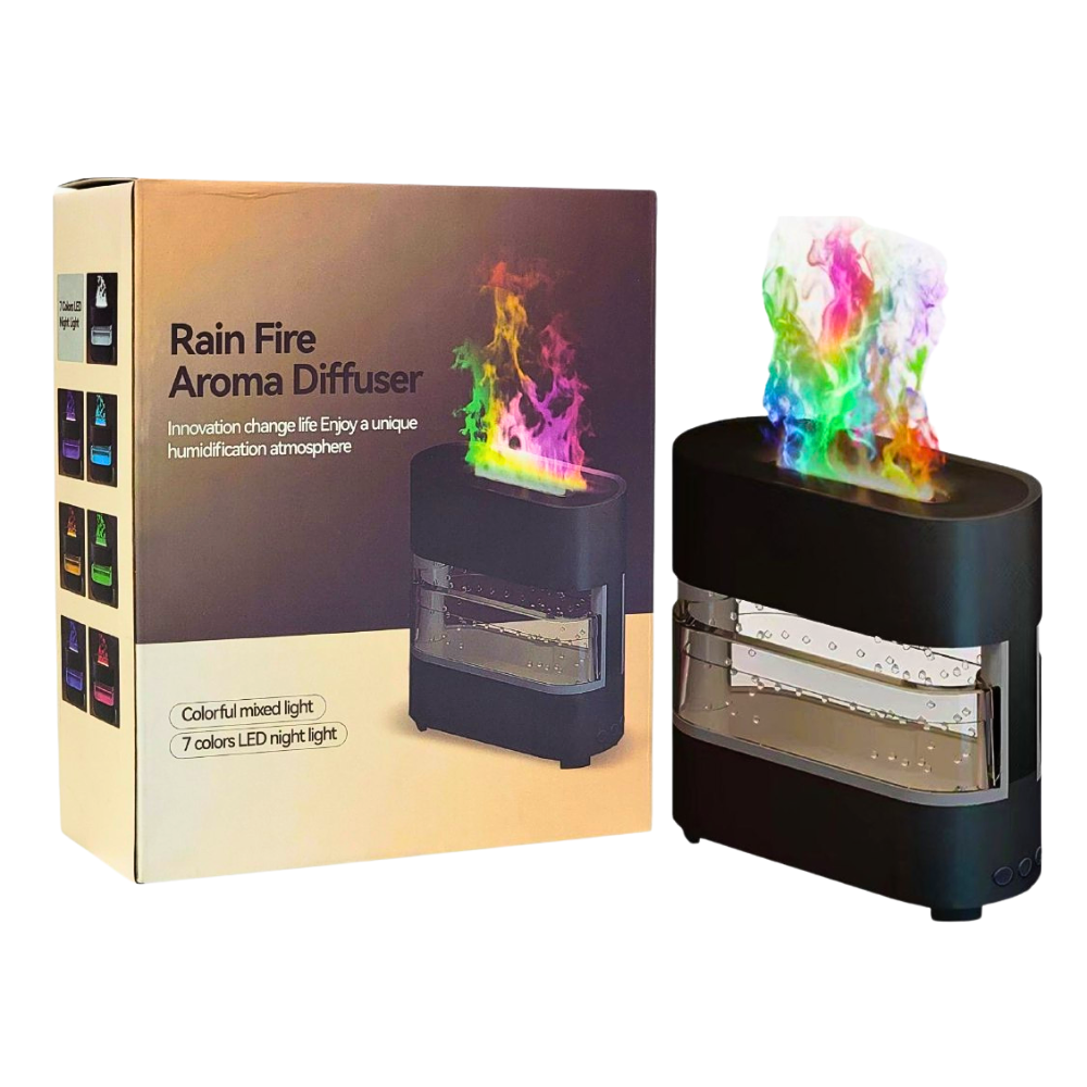 HUMIFICADOR DE AIRE CON LLAMA COLORIDA, SONIDOS DE GOTAS DE LLUVIA, DIFUSOR DE ACEITE AROMATICO CON LUZ LED NOCTURNA RAIN FIRE
