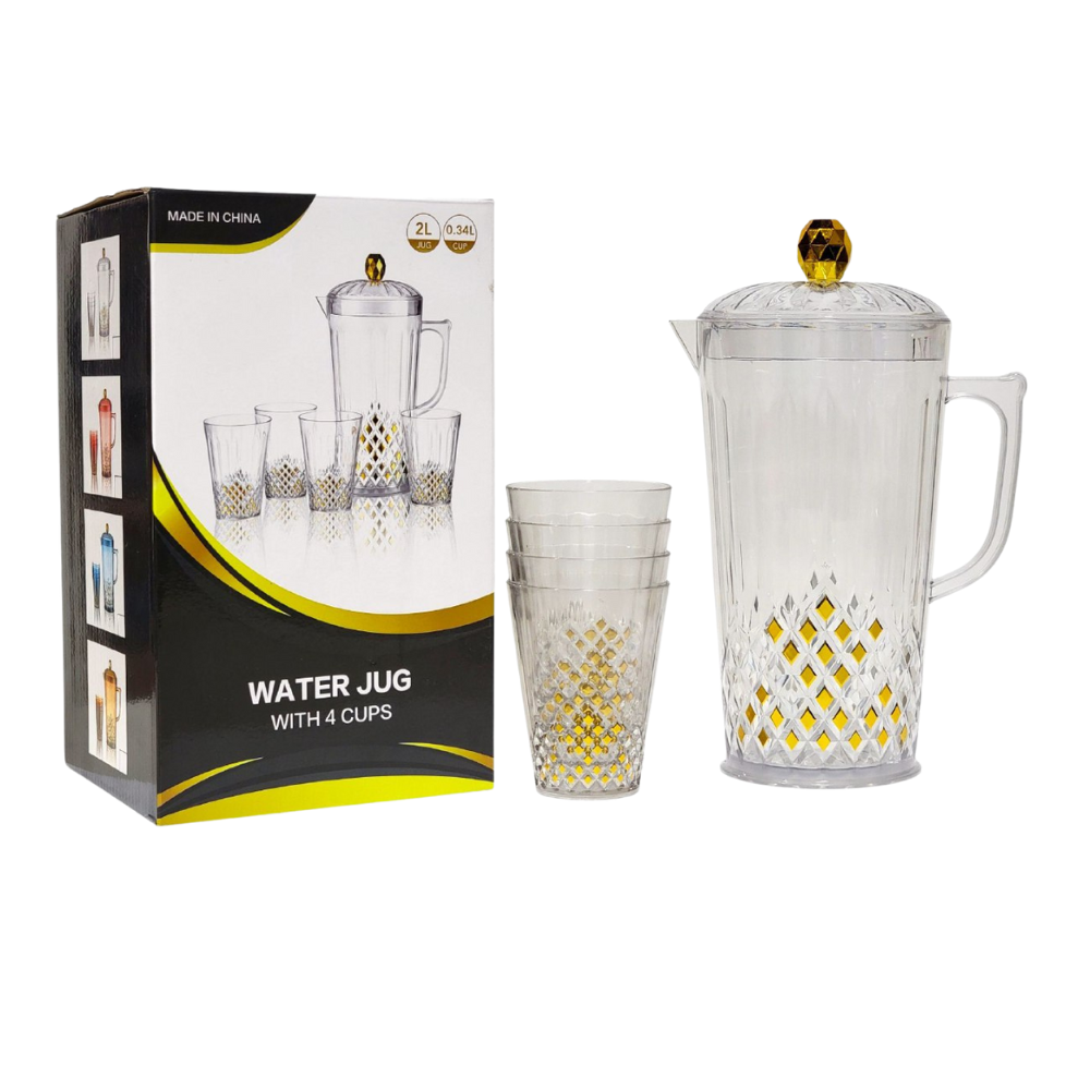 RECIPIENTE PICHEL JARRA DE ACRILICO PARA JUGO, ETC, DE 2 LITROS CON 4 VASOS WATER JUG