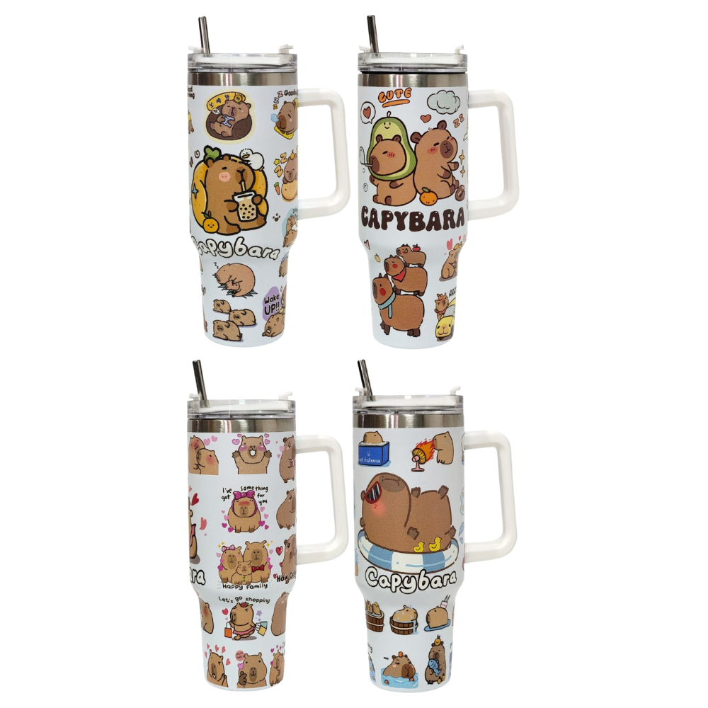 TERMO DE ACERO INOXIDABLE CON ASA DISEÑO DE CAPIBARA CON SORBETE 1200ML