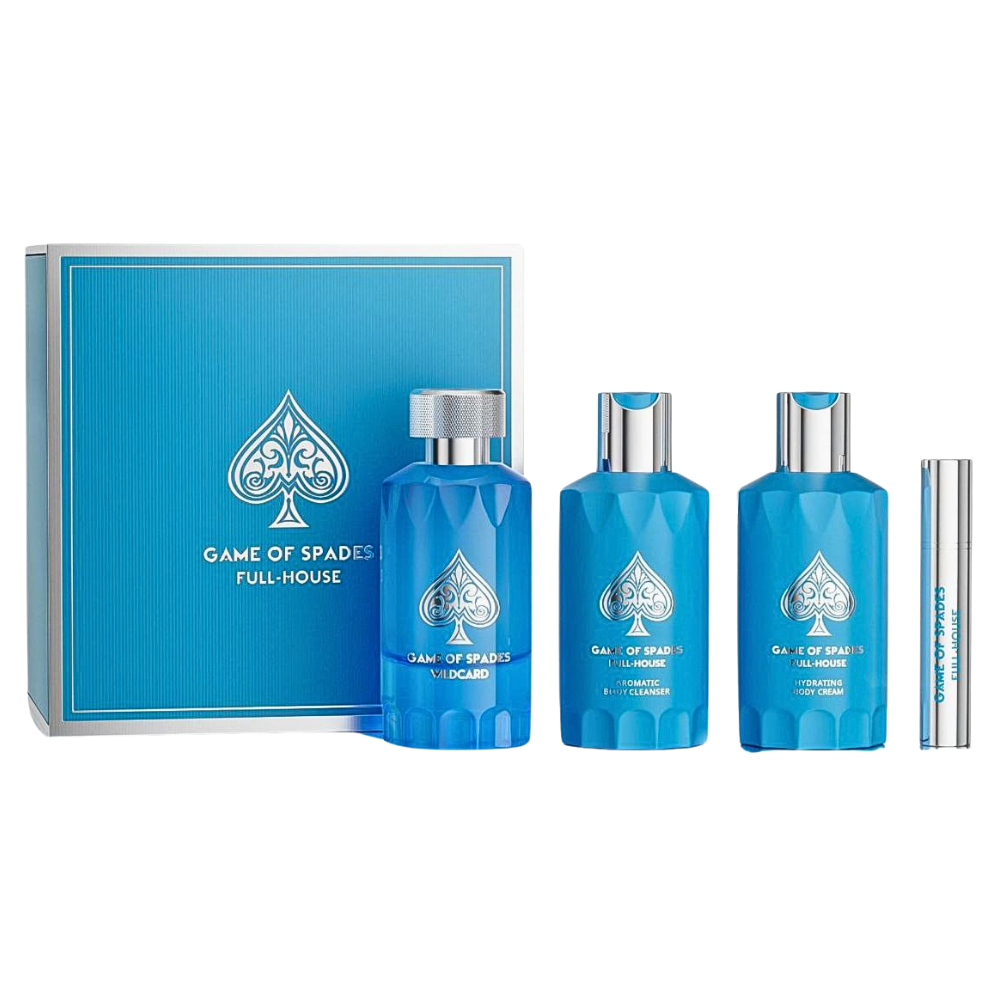 SET JO MILANO PARIS GAME OF SPADES FULL HOUSE LUXURY COLLECTION PARFUM 100ML, SHOWER GEL 200ML, BODY LOTION 200ML, MINI DISPENSADOR 8ML (H)