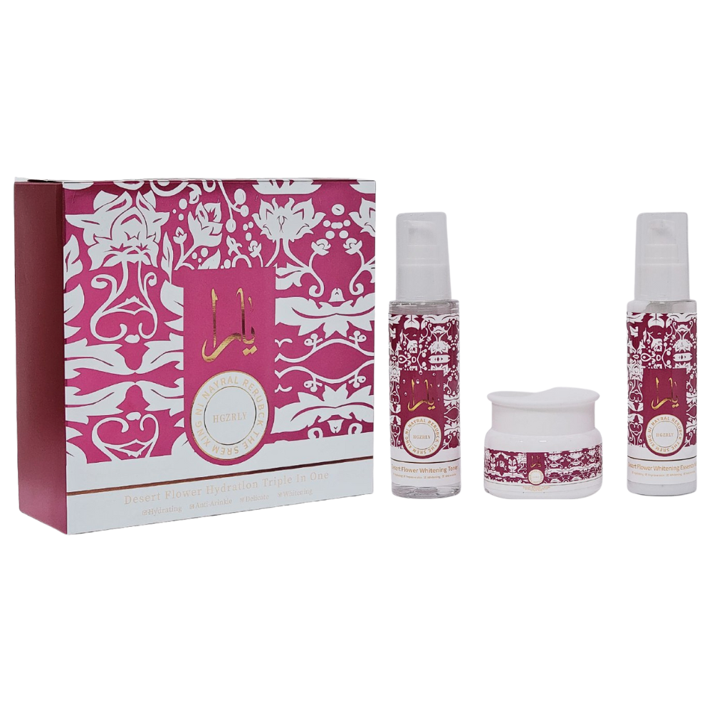 SET DE CUIDADO FACIAL HIDRATACION 3 EN 1 FLOR DEL DESIERTO ANTIARRUGAS Y BLANQUEADORA 3PCS HGZRLY (DUPE DE LATTAFA YARA CANDY)