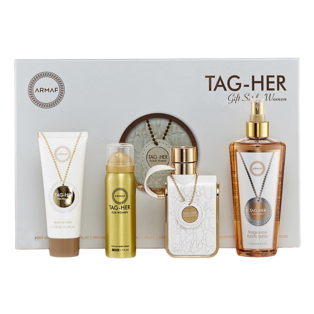 SET ARMAF TAG HER POUR FEMME GIFT SET FOR WOMEN EDP 100ML, BODY MIST 250ML, BODY SPRAY 50ML, BODY LOTION 100ML (M)